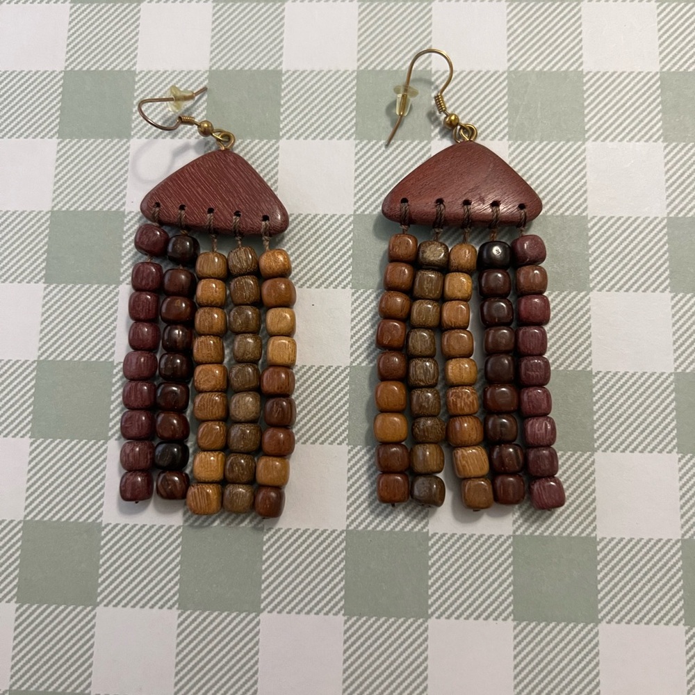 Wooden Beaded Dangle Earrings - Picture 2 of 6